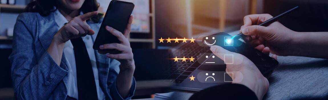 Customer review satisfaction feedback survey concept, User give rating to service experience on online application, Customer can evaluate quality of service leading to reputation ranking of business. photo