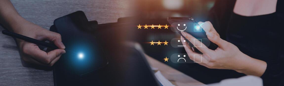 Customer review satisfaction feedback survey concept, User give rating to service experience on online application, Customer can evaluate quality of service leading to reputation ranking of business. photo