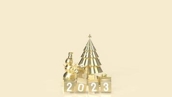 el cubo de oro 2023 y el árbol de navidad para el concepto publicitario de representación 3d foto