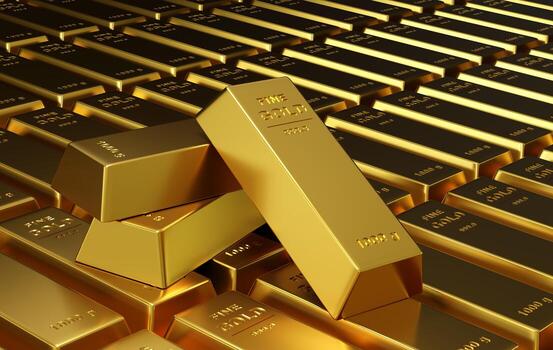 Gold Bullion, Fine Gold bars, gold treasury. Concept of banking, business, investment and exchange rates, Gold market. 3D render illustration photo