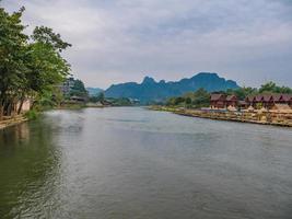 Beautiful view of nam song river with riverside restaurant and the mountain at Vangvieng city Lao.Vangvieng City The famous holiday destination town in Lao. photo
