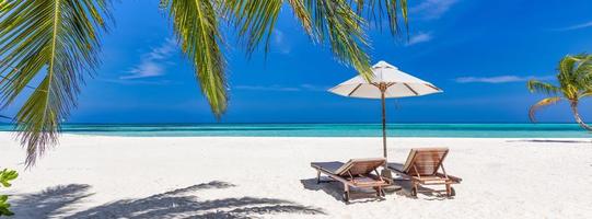 hermosa pancarta de playa tropical. juntos, un par de sillas palmeras de coco viajes turismo amplio panorama fondo de vacaciones. increíble paisaje de playa soleada. vacaciones en un resort isleño de lujo. mar tranquilo arena cielo foto