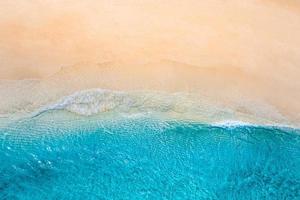 Relaxing aerial beach, summer vacation tropical Mediterranean landscape banner. Waves surf amazing blue ocean lagoon, sea shore coastline. Beautiful aerial drone top view. Peaceful beach, seaside surf photo