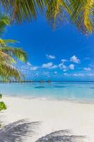 Maldives island beach. Tropical landscape white sand with palm tree leaves. Luxury travel vacation destination. Exotic beach landscape. Amazing nature, relax, freedom, tranquil nature background photo