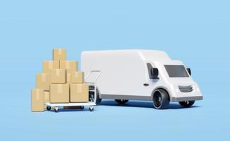 delivery van 3d, white truck with scooter, packaging, goods cardboard box, platform trolley isolated on blue background. service, transportation, shipping concept, 3d render illustration photo