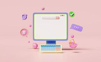 social media with computer monitor icons 3d, chat bubbles, check marks isolated on pink background. seo communication applications, online social, template concept, 3d render illustration photo