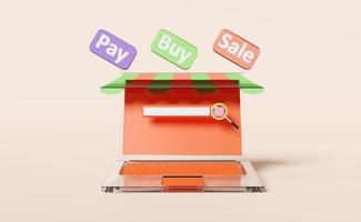 orange laptop computer monitor with store front,buy,sale,pay label tag,blank search bar,magnifying isolated on pink background,online shopping,search data concept,3d illustration or 3d render photo