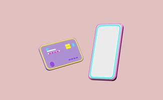 3d mobile phone, smartphone floating with credit card icon isolated on pink background. Internet banking, online shopping concept, template minimal modern, 3d render illustration photo