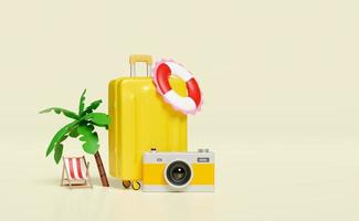 3d summer travel with yellow suitcase, beach chair, palm tree, camera, lifebuoy isolated on blue background. summer beach trip, 3d render illustration photo