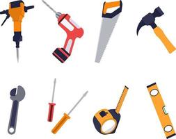 Building and repair tools icons, construction tools kit set - drill, hammer, screwdriver, saw, wrench, ruler. Flat illustration concept vector