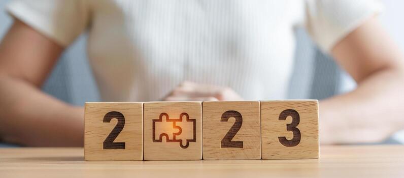 2023 block with jigsaw puzzle icon. Business Process, Team, teamwork, Goal, mission, Resolution, strategy, plan, Action, partnership, cooperation , brainstorm and New Year start concepts photo