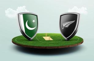banderas de cricket de pakistán vs nueva zelanda con escudo en el estadio de cricket ilustración 3d foto