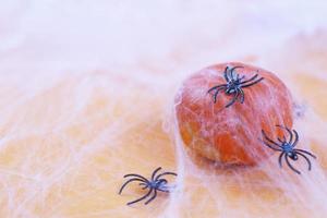 calabaza de Halloween con tela de araña y arañas negras sobre fondo naranja. foto