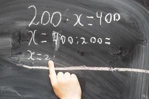 Boy standing back in front of school blackboard and writing. Schoolboy solves math example at the chalkkboard photo