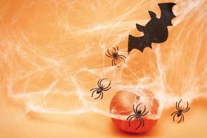 Halloween pumpkin with spider web, bat and black spiders on orange background. photo