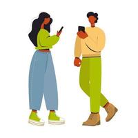 Smiling Young Woman and young man using phone. E-wallet and Internet Payment. Flat Vector Cartoon Design. Financial Technology Concept