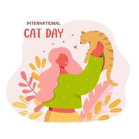 una postal para el día internacional del gato el 8 de agosto. una linda chica está abrazando a su lindo gato. impresión de animales felices en una tarjeta de felicitación, afiche, folleto vector