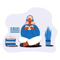 Online Greek language courses flat vector illustration. Distance education, distance school, Greek University. A student is reading a book. Online classroom, elearning language school in Greece
