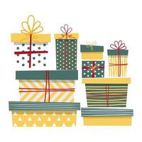 Set of gift boxes in green, red and yellow colors. Collection of clipart objects for birthday, holiday, Christmas, New Year cards, banners, sale concepts. Vector illustration.
