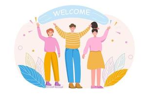 Characters with welcome poster. People hugging each other. Friendly team happy to see newcomer, good relationship in company office. Staff expansion and recruitment. Cartoon flat vector illustration
