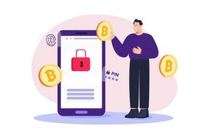 Concept of encryption, encoding digital currency data, cryptocurrency security and protection. Modern flat vector illustration.