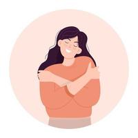 Woman hugging herself. Love yourself. Love your body concept. Girl Healthcare Skincare. Take time for yourself. Vector illustration.