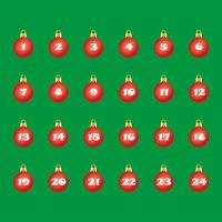 calendario de adviento bolas de navidad rojas sobre fondo verde. calendario de adviento cuadrado brillante vector