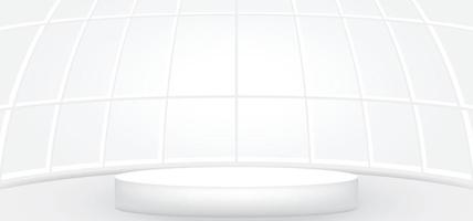Empty white room with white round stage or podium for display, presentation, mockup, stage pedestal or montage product. Abstract interior template vector illustration for background. 3D round showroom