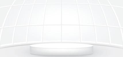 Empty white room with white round stage or podium for display, presentation, mockup, stage pedestal or montage product. Abstract interior template vector illustration for background. 3D round showroom