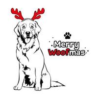 Golden retriver with red reindeer antlers. Christmas Labrador dog portrait. Merry woofmas text. Vector illustration