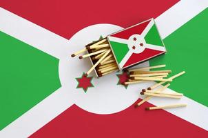 Burundi flag is shown on an open matchbox, from which several matches fall and lies on a large flag photo