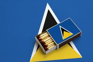 Saint Lucia flag is shown in an open matchbox, which is filled with matches and lies on a large flag photo