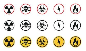 Danger warning circle yellow sign. Radiation sign, toxic sign and biohazard vector icon isolated on white background.