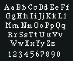 Pixel alphabet letters and punctuation marks. Modern stylish font or typeface for headline in style of 80's retro video game, vintage computer typography. vector