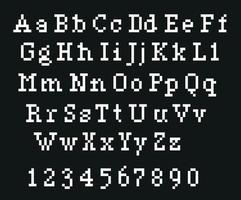 Pixel alphabet letters and punctuation marks. Modern stylish font or typeface for headline in style of 80's retro video game, vintage computer typography. vector