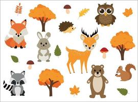 ilustración vectorial de lindos animales del bosque del bosque, incluidos un oso, un ciervo, un zorro, un mapache, un erizo, una ardilla y un conejo. eps 10 vector