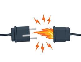 electric short circuit. Faulty damaged cable. Fire from overload. Electrical safety concept. Vector illustration flat design. Short circuit electrical circuit. Broken electrical connection.