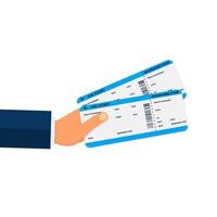 Close-up businessman hand holding air boarding tickets. Airline boarding tickets business class. Travel and business trips concept. Vector illustration in flat style. Eps 10