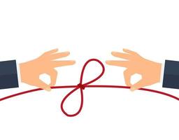 concepto de resolver problemas fácilmente. manos humanas tirando de cuerdas para desatar nudos simples. ilustración vectorial vector