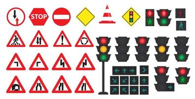 Traffic concept with traffic lights and road signs. Vector illustration