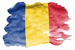 Romania flag is depicted in liquid watercolor style isolated on white background photo