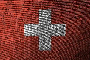 Switzerland flag is depicted on the screen with the program code. The concept of modern technology and site development photo