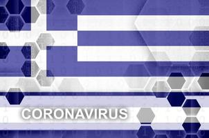 Greece flag and futuristic digital abstract composition with Coronavirus inscription. Covid-19 outbreak concept photo