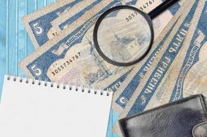 5 Ukrainian hryvnias bills and magnifying glass with black purse and notepad. Concept of counterfeit money. Search for differences in details on money bills to detect fake photo