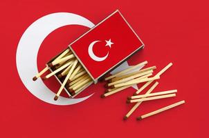 Turkey flag is shown on an open matchbox, from which several matches fall and lies on a large flag photo