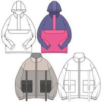 Windbreaker jacket technical fashion illustration, long sleeves, welt pockets. template front sketch jacket vector