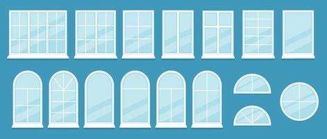 Set of realistic glass transparent plastic windows with window sills, sashes. White home, office windows, with one, two, three, five sections, roller blind, handle for adjustment. Vector illustration.