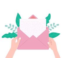 hand pulls from envelope a sheet of empty paper. mail concept. vector illustration in flat style