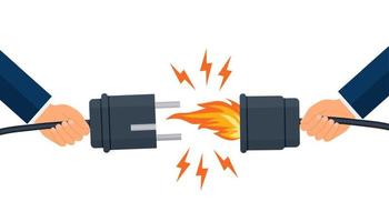 electric short circuit. Faulty damaged cable. Fire from overload. Electrical safety concept. Vector illustration flat design. Short circuit electrical circuit. Broken electrical connection.