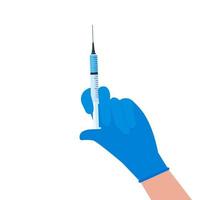 Hand in medical disposable gloves holding a syringe ready for injection vector illustration on white background